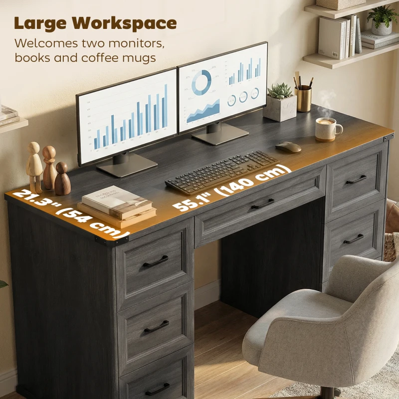 HOMCOM 55" Computer Desk with 7 Drawers, Farmhouse Executive Desk for Home Office, Study, Bedroom, Black Wood Grain