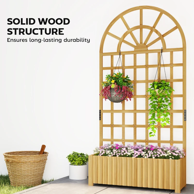 Outsunny Wooden Raised Garden Bed with Lattice Trellis, Outdoor Elevated Planter Box with Drainage Holes for Climbing Plants