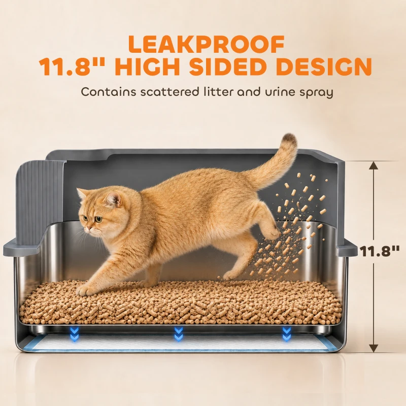 PawHut Stainless Steel Sifting Litter Box for Pine Pellets, Large Metal Litter Box with Sifter Tray, Metal Scoop, 10 Pee Pads