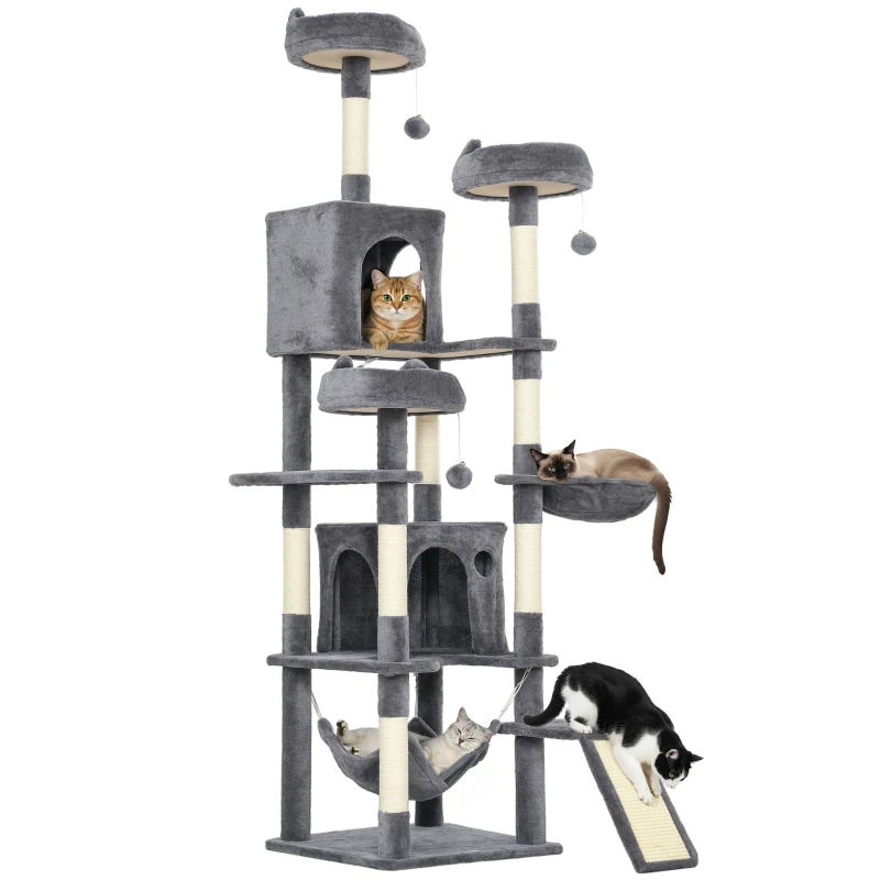 PawHut 76" Large Cat Tree for Indoor Cats with 8 Scratching Posts, 3 Plush Beds, 2 Hammocks, 2 Large Condos, Ramp, Dark Grey