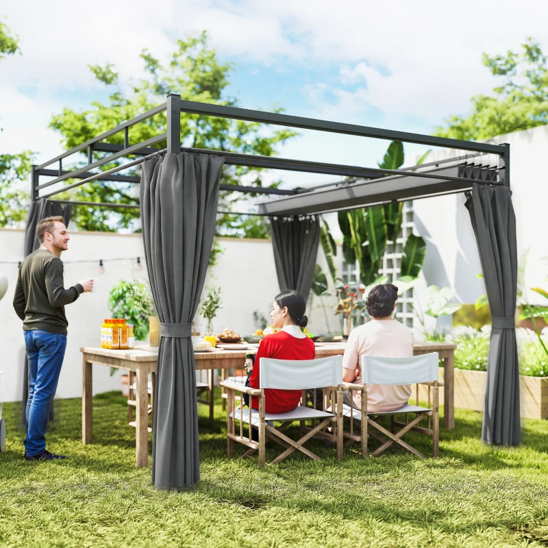 Outsunny 10' x 10' Outdoor Gazebo, Retractable Pergola Canopy with Curtains, UPF30+ Free Standing Metal Pergola Kit, Dark Grey
