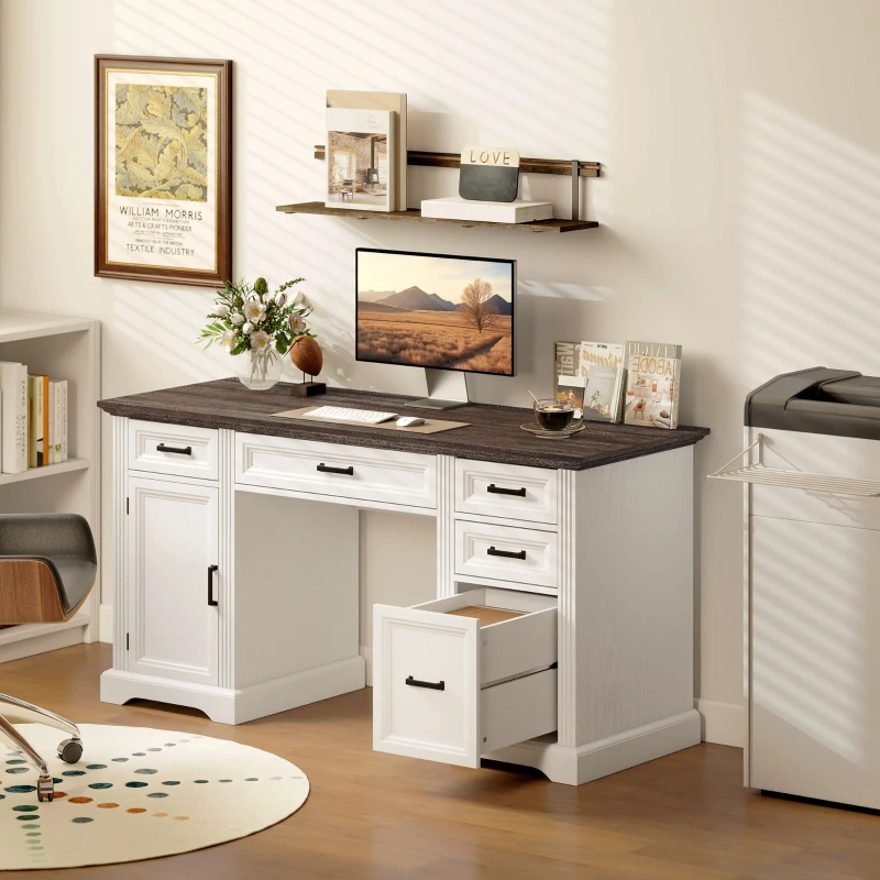 HOMCOM 58" Home Office Desk with Soft-Close Drawers, Farmhouse Executive Desk with File Drawer for Letter Size, White
