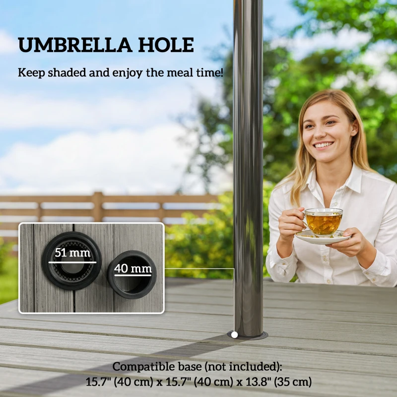 Outsunny Outdoor Dining Table for 4, Square Patio Table with Umbrella Hole, Shelf, Slatted Faux Wood Steel Top, Grey