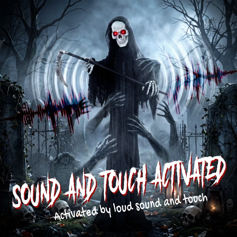 HOMCOM 6FT Life Size Halloween Animatronics, Animated Grim Reaper Halloween Decorations with Sound Touch Activated and LED Eyes