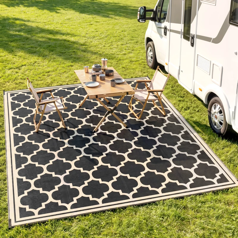 Outsunny 9'x12' Reversible Outdoor RV Rug, Patio Floor Mat, Plastic Straw Rug for Backyard, Deck, Beach, Camping, Black