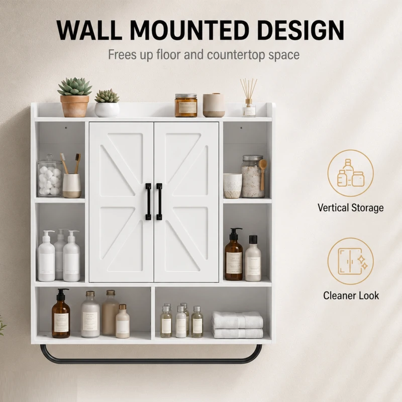 HOMCOM Bathroom Wall Cabinet, Medicine Cabinet Wall Mounted with Open and Hidden Storage Space for Bathroom, White