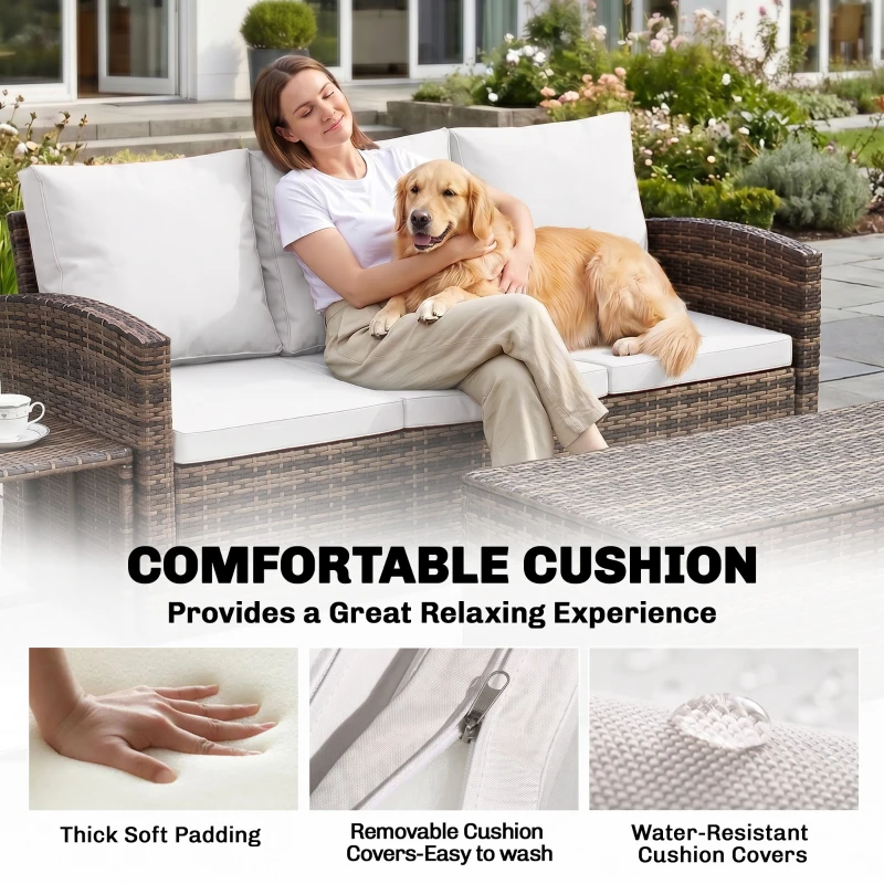 Outsunny 6 Pieces Wicker Patio Furniture Set with Cushions, 7-Seater Rattan Patio Sofa Set with Storage Table, Cream White