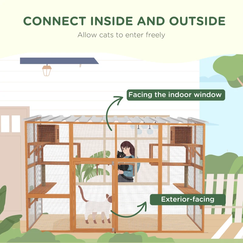 PawHut Large Outdoor Catio with 2 Condos, Jumping Platforms, Waterproof Roof, Orange