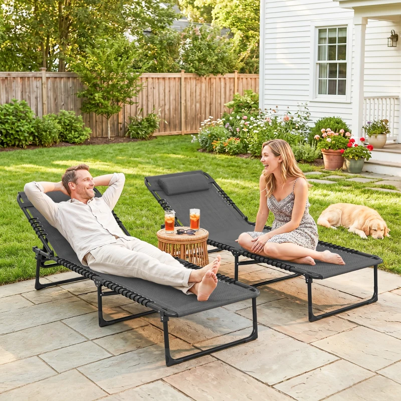Outsunny 2 Folding Chaise Lounge Pool Chairs with 4-Position Reclining Back, Pillow, Breathable Mesh & Bungee Seat, Gray
