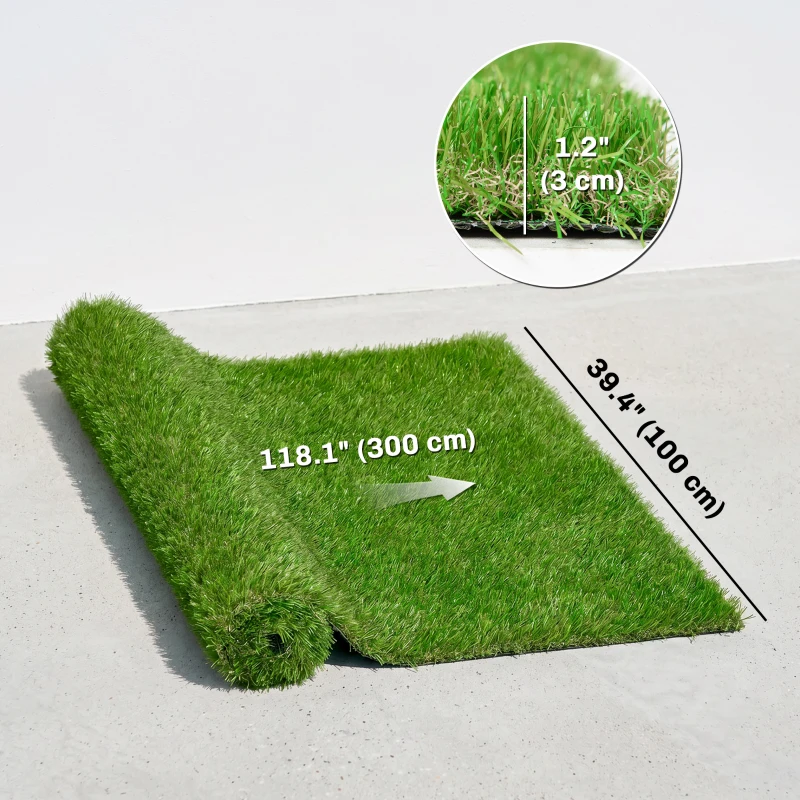 Outsunny Artificial Grass 10' x 3' (30 Square Feet), Fake Grass Turf with UV Protection, Drain Holes for Rain, Green