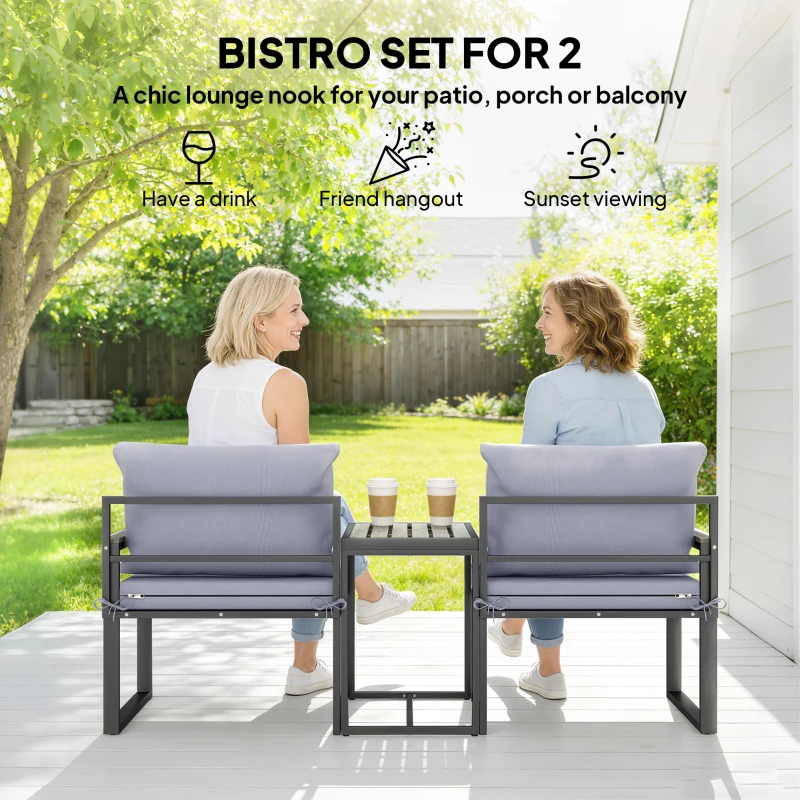 Outsunny Outdoor Bistro Set, Patio Furniture Set with 2 Chairs and Side Table for Garden Balcony Poolside, Grey