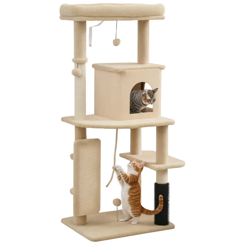 PawHut 52 Inch Cat Tree with Scratching Posts, Cat Bed, Condo, Grooming Brush, Jumping Platforms, Toy Balls, Anti-tip Kit