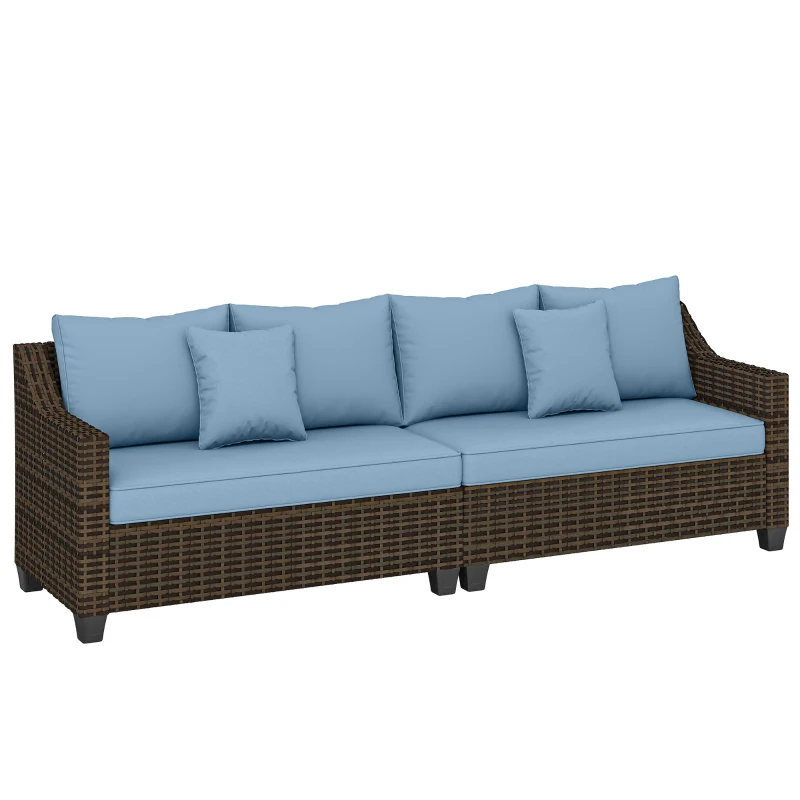 Outsunny PE Wicker Outdoor Couch Sofa, 4-Seater Modular Patio Furniture Lounge Set with 2 Loveseats, Cushions, Pillows, Blue