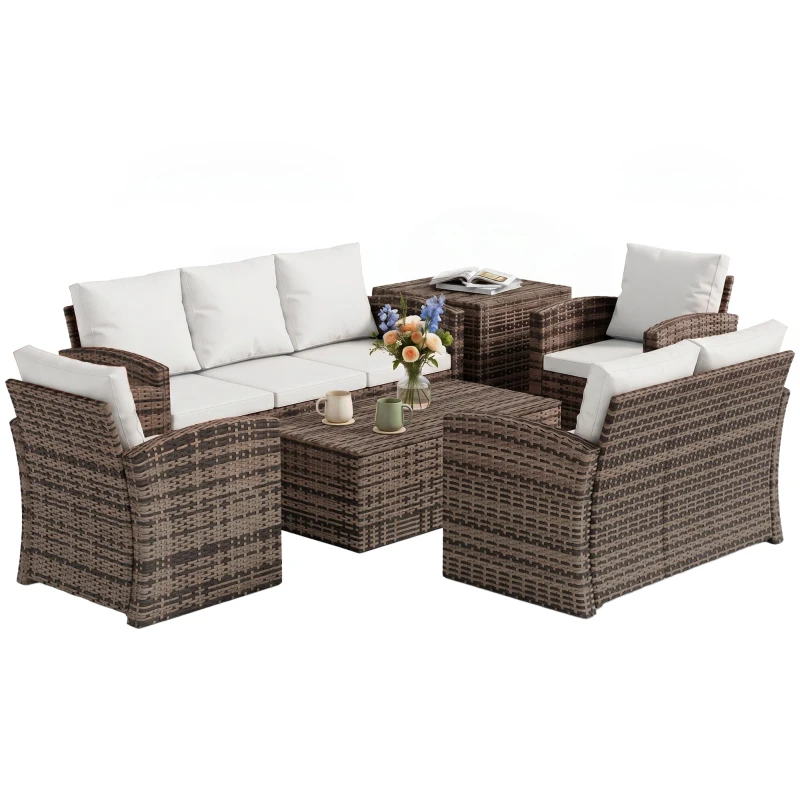 Outsunny 6 Pieces Wicker Patio Furniture Set with Cushions, 7-Seater Rattan Patio Sofa Set with Storage Table, Cream White