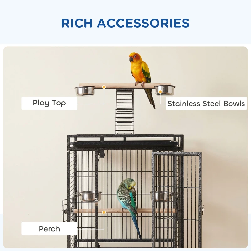 PawHut 61.5 Inch Bird Cage Parakeet House for Cockatiel with Stand, Pull Out Tray, Play Top, Storage Shelf, Wood Perch, Food Container