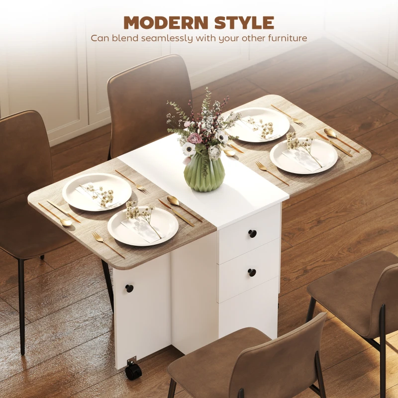 HOMCOM Drop Leaf Dining Table, Mobile Folding Table on Wheels with Drawers and Cabinet for Dining Room, Kitchen, White and Oak