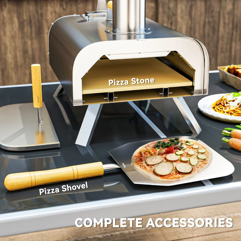 Outsunny Outdoor Pizza Oven, Portable Wood Pellet Pizza Oven with Pizza Stone and Peel, Foldable Legs, Chimney