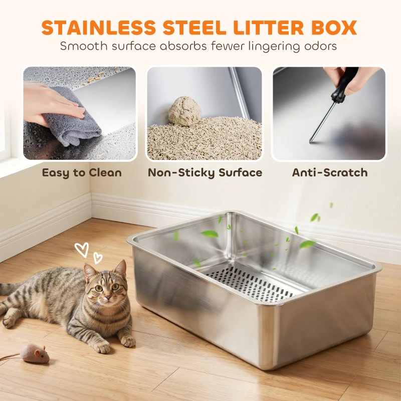 PawHut Stainless Steel Sifting Litter Box for Pine Pellets, Large Metal Litter Box with Sifter Tray, Metal Scoop, 10 Pee Pads