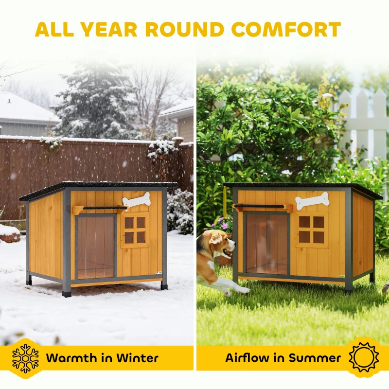 PawHut Outdoor Dog House with Anti-Chewing Steel Frame, Openable Roof, Removable Floor, Door Curtain, Yellow