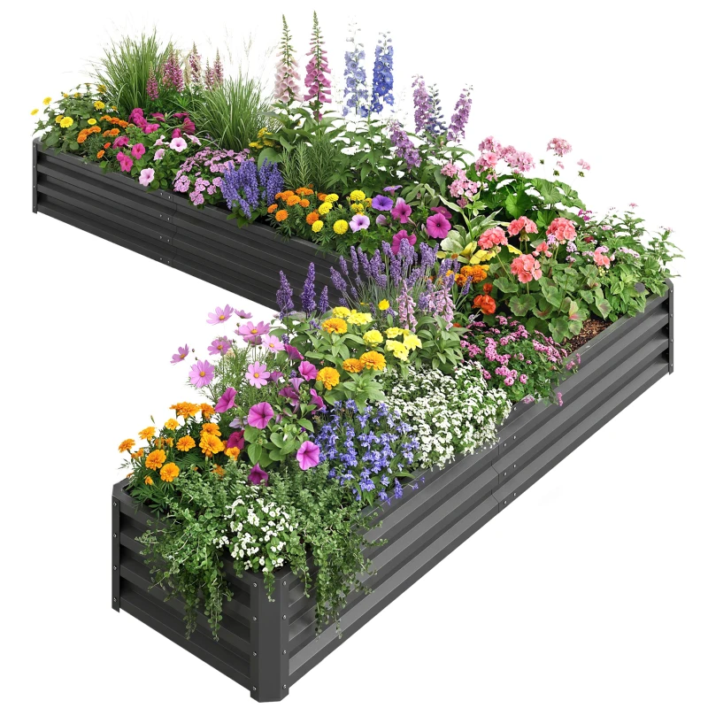 Outsunny L-Shaped Raised Garden Bed, 82" x 109" x 12" Galvanized Steel Planter Box with Multi-reinforced Rods for Vegetables, Flowers and Herbs, Dark Grey