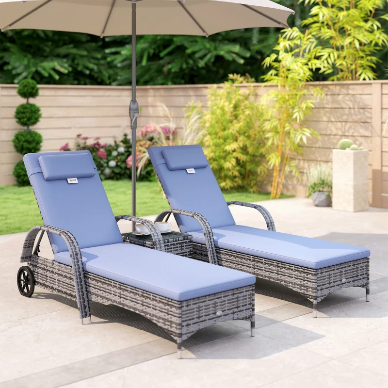Outsunny 3 Pieces Wicker Patio Lounger Set with Table, PE Rattan Outdoor Lounge Chair Set with Cushions, Wheels, 5-Level Reclining Backrest, Headrest, Grey