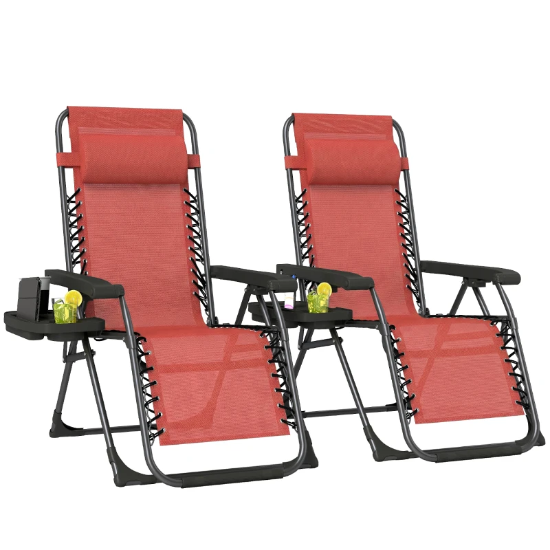 Outsunny Zero Gravity Chair Set of 2, Folding Reclining Outdoor Lounge Chair with Cup Holder, Headrest, Wine Red