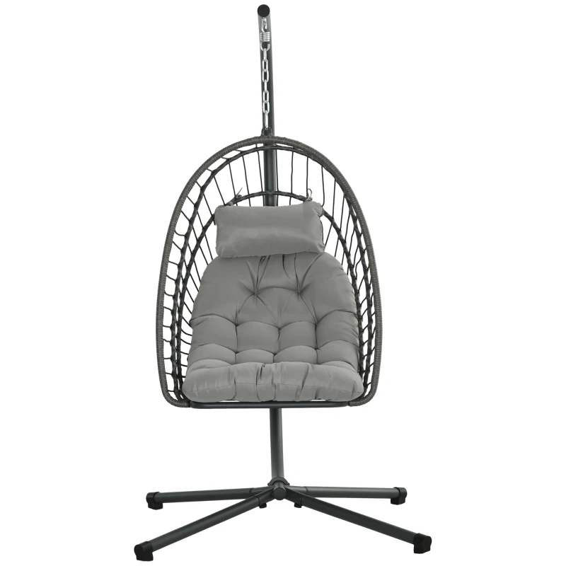 Outsunny Hanging Egg Chair with Stand, Foldable Wicker Rattan Swing Chair with Thick Cushion, Light Grey