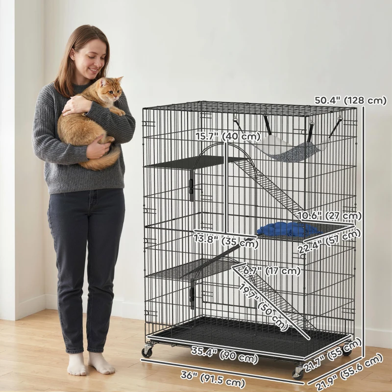 PawHut 4-Tier Cat Cage, Large Cat Enclosure with Lockable Wheels, Tray, Hammock, Bed, 3 Ramp, 3 Platforms for 3-5 Kittens