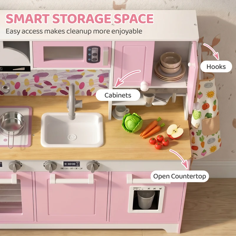 Qaba Play Kitchen, Kids Kitchen Playset with Coffee Maker, Ice Maker, Clicking Knobs, Storage, Accessories for 3-8 Years