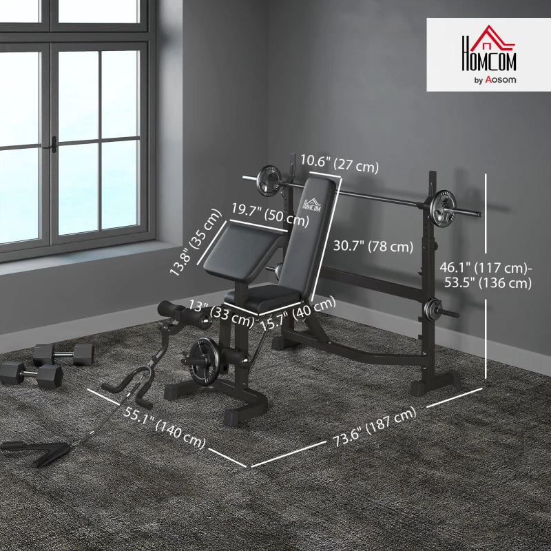 Soozier Weight Bench Stand with Squat Rack, Adjustable Olympic Bench, Multifunctional Arm Curl Pad, Leg Extension, Grey