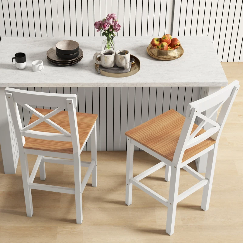 HOMCOM Counter Height Stools Set of 2, Farmhouse Bar Stools with Backs, Solid Wood Counter Stools for Kitchen Island