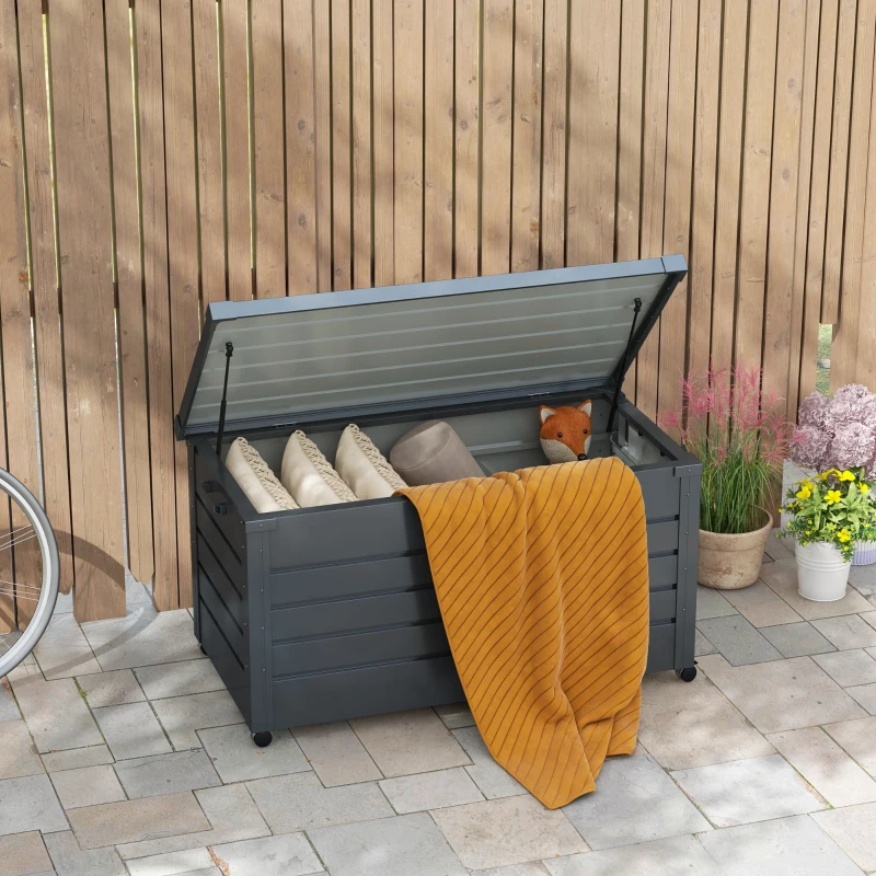 Outsunny 82 Gallon Garden Storage Box, Waterproof Outdoor Storage Container with Wheels and Handles, Dark Grey