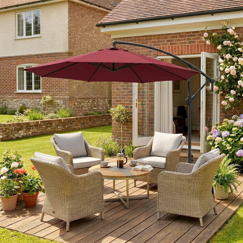Outsunny 10' Deluxe Patio Umbrella, Outdoor Market Parasol, Banana Hanging Offset Sunshade with Crank, Cross Base, Wine Red