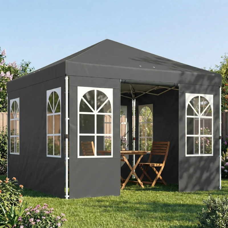 Outsunny 9.6 x 9.6 ft Pop Up Canopy Tent with 4 Sidewalls, UPF 50+ 1-Button Push Easy Setup Outdoor Instant Canopy, Dark Grey
