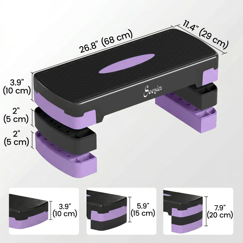 Soozier Aerobic Exercise Step Platform, 4"/6"/8" Adjustable Aerobic Stepper with Risers, Workout Stepper for Home Gym, Purple
