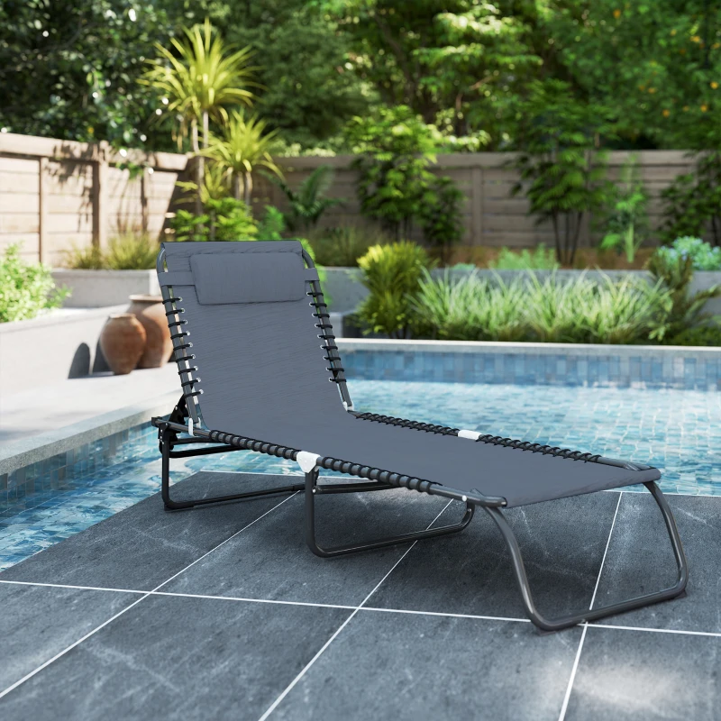 Outsunny Folding Chaise Lounge Pool Chair with 4-Position Reclining Back, Breathable Mesh & Bungee Seat, Gray