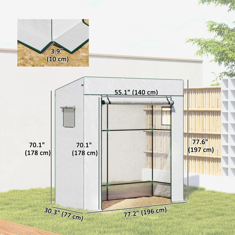 Outsunny Walk-in Tomato Greenhouse Lean-to Green House with Reinforced PE Cover, Roll-up Door, Mesh Windows, White