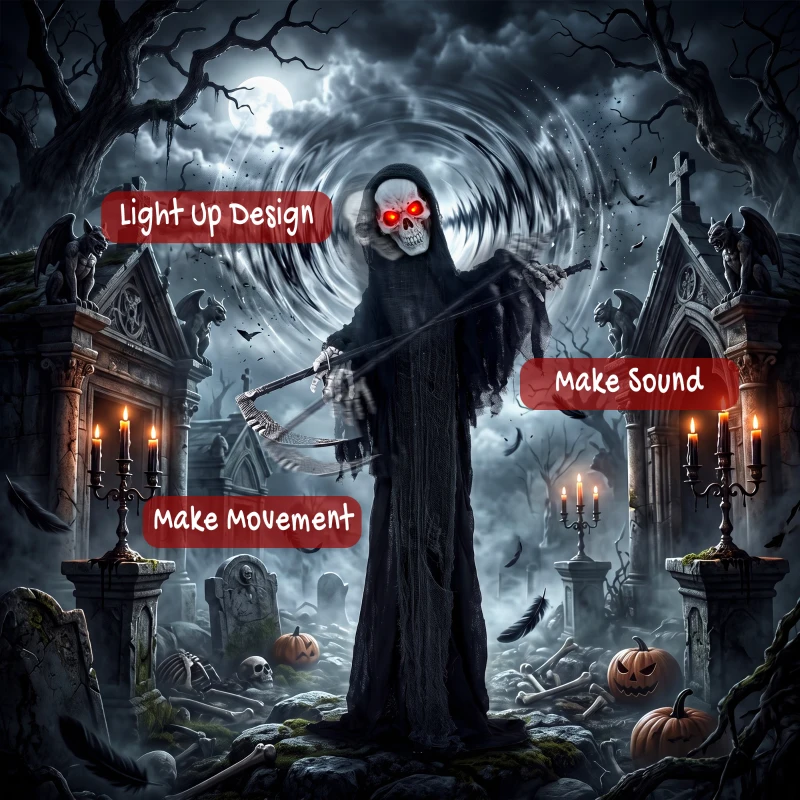 HOMCOM 6FT Life Size Halloween Animatronics, Animated Grim Reaper Halloween Decorations with Sound Touch Activated and LED Eyes