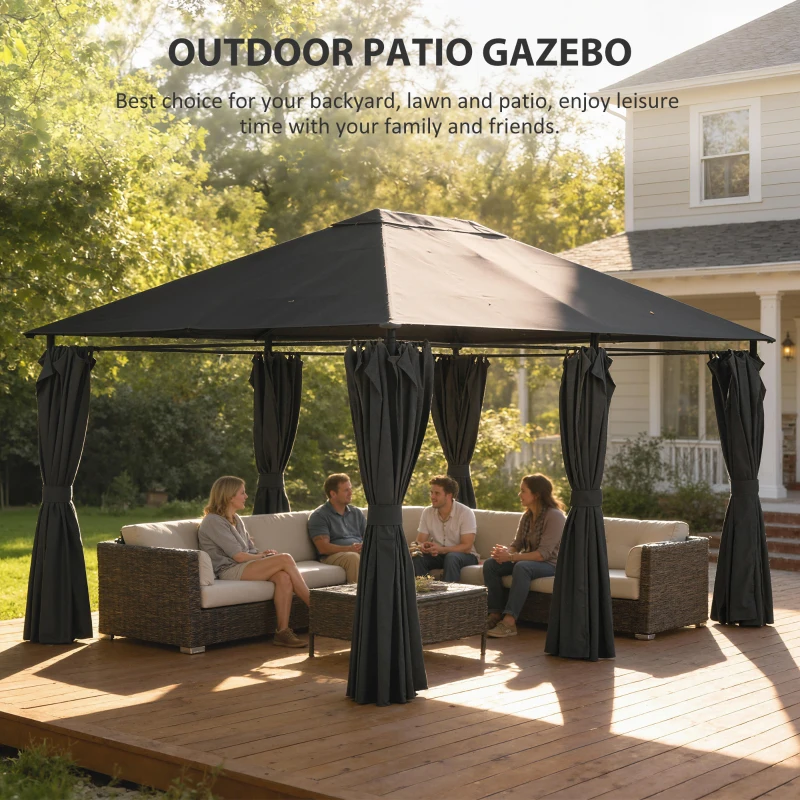Outsunny 13'x 10' Soft-top Steel Patio Gazebo Canopy Party Tent with 6 Removable Curtains and Drainage Holes, Dark Grey