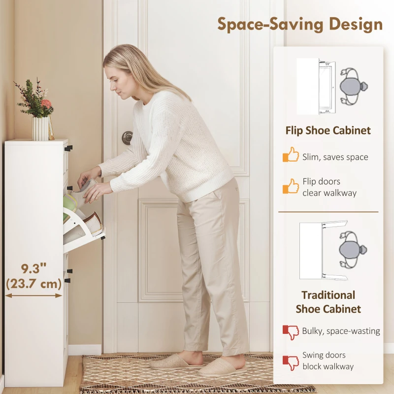 HOMCOM Shoe Cabinet with 2 Large Flip Drawers, Farmhouse Narrow Shoe Storage Cabinet with 2 Top Compartments, White