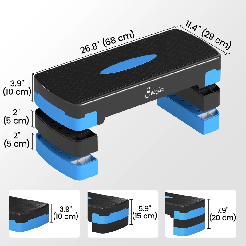 Soozier Aerobic Exercise Step Platform, 4"/6"/8" Adjustable Aerobic Stepper with Risers, Workout Stepper for Home Gym, Blue