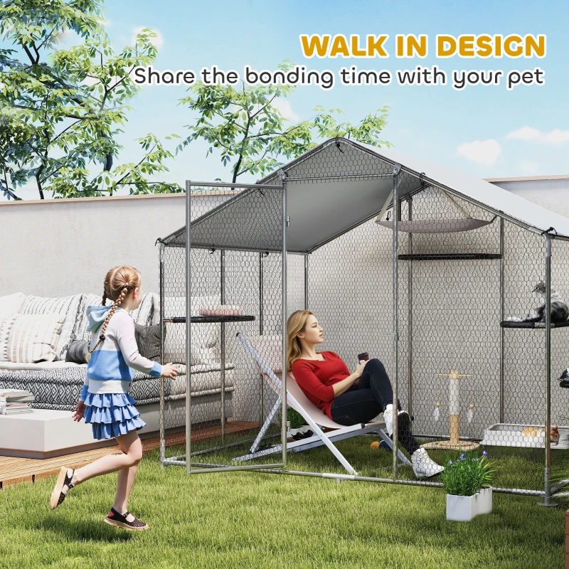 PawHut Large Catio Outdoor Cat Enclosure with Waterproof Cover, Walk-in Cat Patio w/ 5 Adjustable Platforms & Hammock 94.5" L