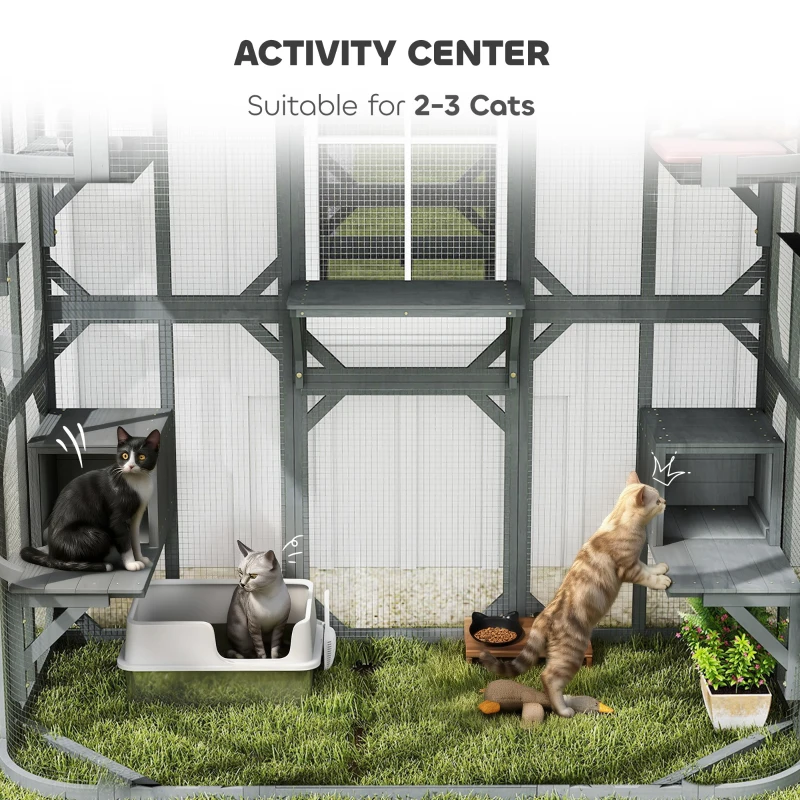 PawHut Catio Outdoor Cat Enclosure, 71" Wooden Cat House with Platforms, Condos and Waterproof Cover for 2–3 Kittens, Grey