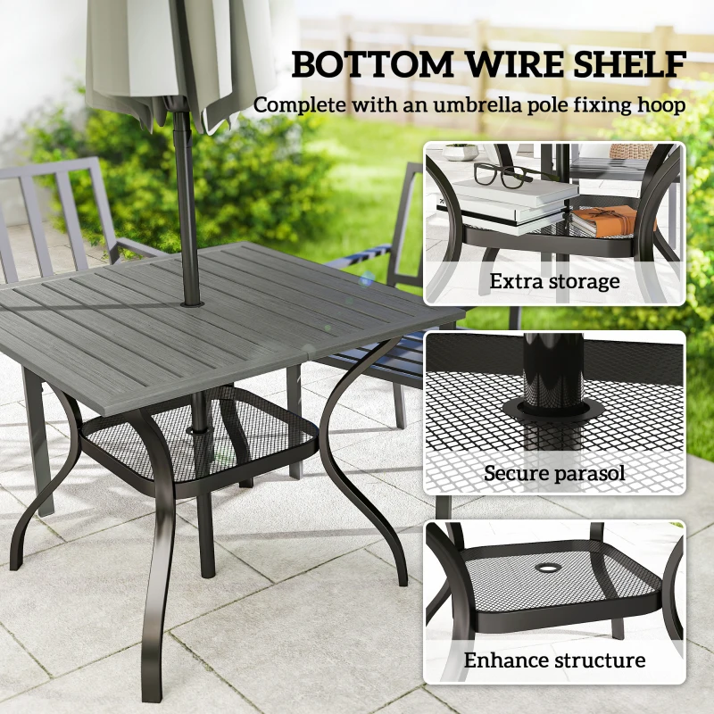 Outsunny Outdoor Dining Table for 4, Square Patio Table with Umbrella Hole, Shelf, Slatted Faux Wood Steel Top, Grey