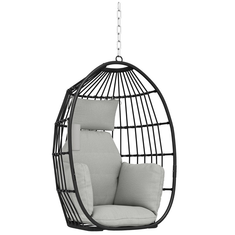 Outsunny Hanging Egg Chair Without Stand, Foldable Basket Swing Chair with Head Pillow, Soft Cushion and Cup Holder, Dark Grey