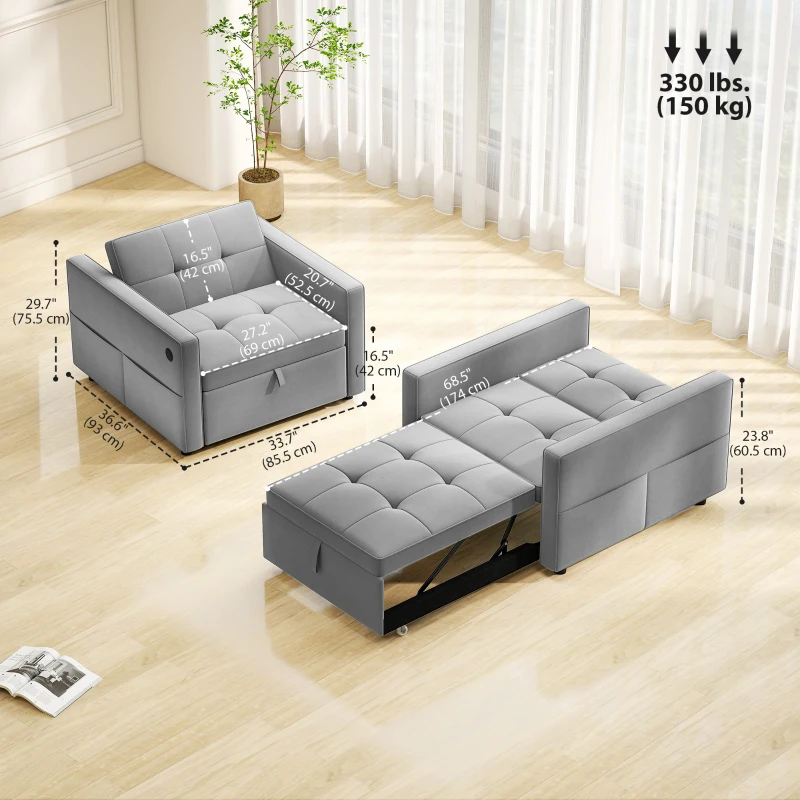HOMCOM Convertible Chair Bed, Pull Out Sleeper Chair with USB, Adjustable Backrest, Small Velvet Futon Sofa Bed, Grey