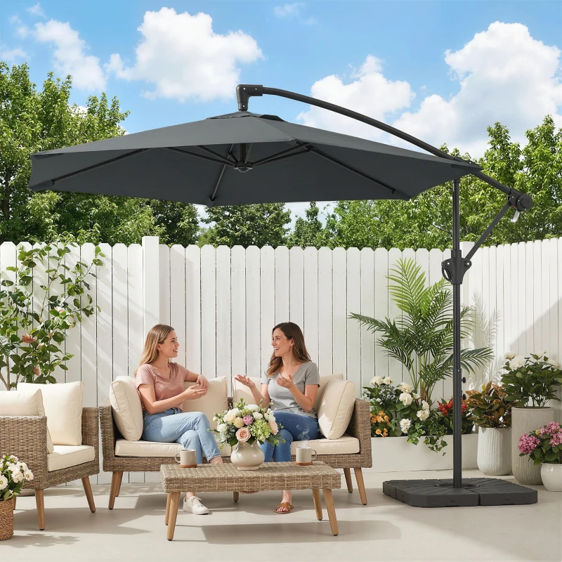Outsunny 9.7 ft Offset Patio Umbrella with Water/Sand Fillable Weights, Garden Hanging Parasol with Locking Latch, Dark Grey