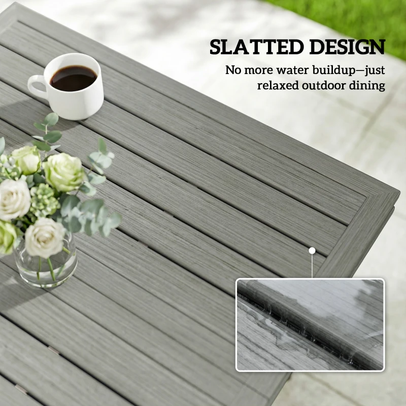 Outsunny Outdoor Dining Table for 4, Square Patio Table with Umbrella Hole, Shelf, Slatted Faux Wood Steel Top, Grey