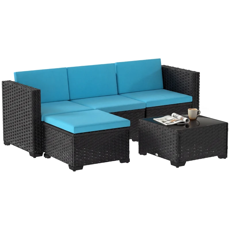 Outsunny 5 Piece Patio Furniture Set, L-Shape Wicker Outdoor Sectional with 3 Chairs, Ottoman, Glass Table, Cushions, Turquoise