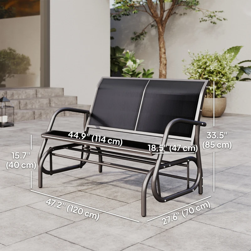 Outsunny Patio Double Glider Bench Swing Chair Rocker Heavy-Duty Loveseat Outdoor Garden Rocking Bench Steel Frame Sling Fabric Seat Black